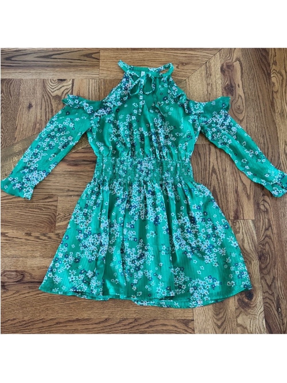 Women’s Floral Chiffon Cold Shoulder Mini Summer Dress Sz XS Green White